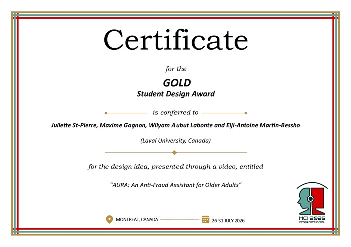 Certificate for the GOLD student design award. Details in text following the image
